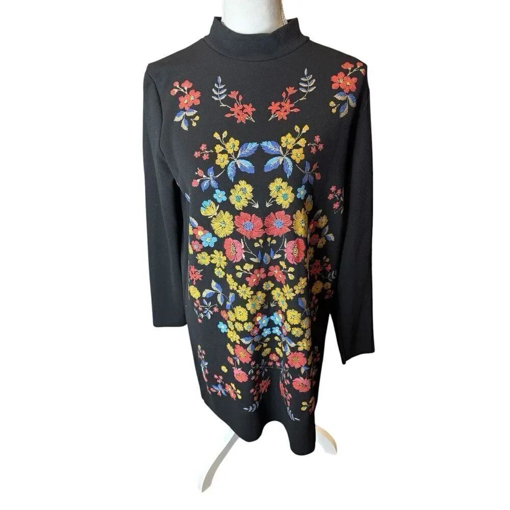 Zara Black Long Sleeve Mock Neck Floral Metallic Mini Dress size Medium